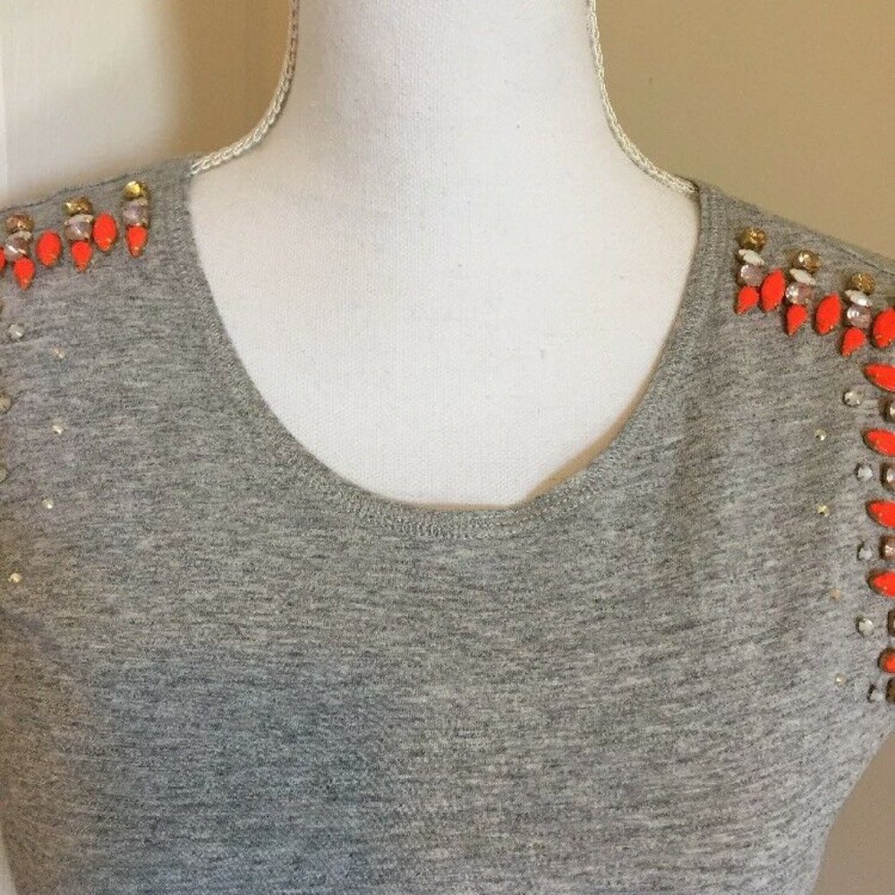 J.Crew Womens Size XXS Gray Bejeweled Orange Silver Tank Top Cotton T-Shirt - Picture 3 of 9